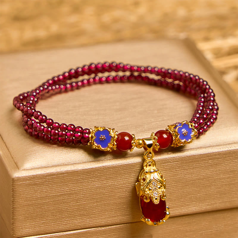 Wear FengShui Natural 3mm Garnet Beads PiXiu Flower Purification Multilayer Bracelet