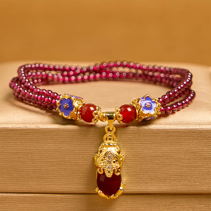 Wear FengShui Natural 3mm Garnet Beads PiXiu Flower Purification Multilayer Bracelet