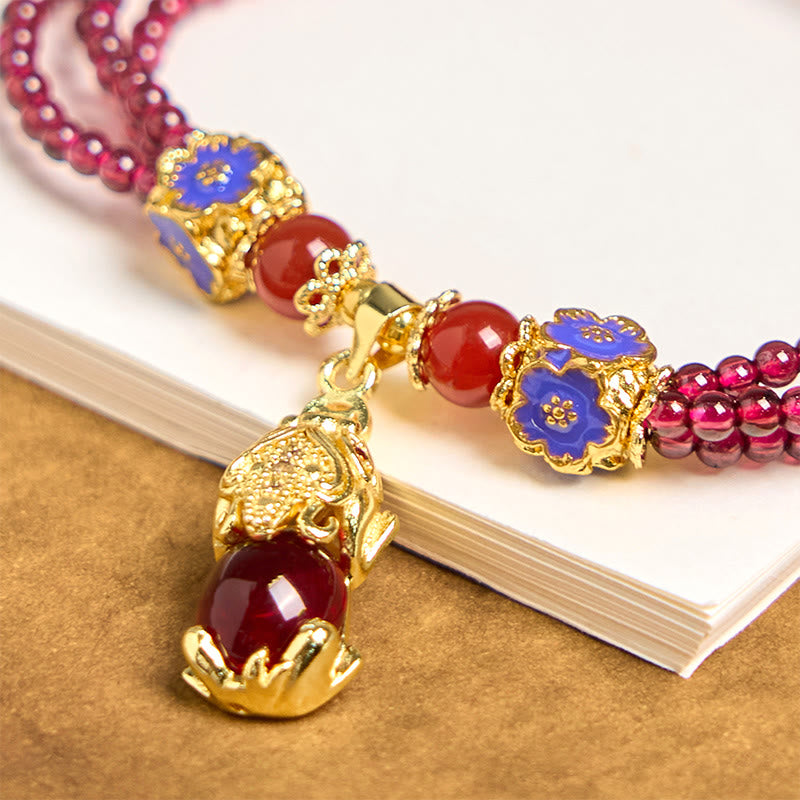 Wear FengShui Natural 3mm Garnet Beads PiXiu Flower Purification Multilayer Bracelet