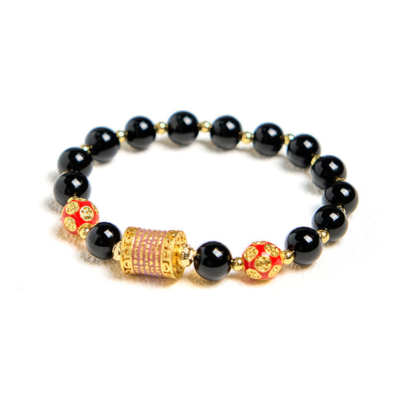 Wear FengShui Natural Black Onyx Five Scripture Copper Coins Fortune Bracelet