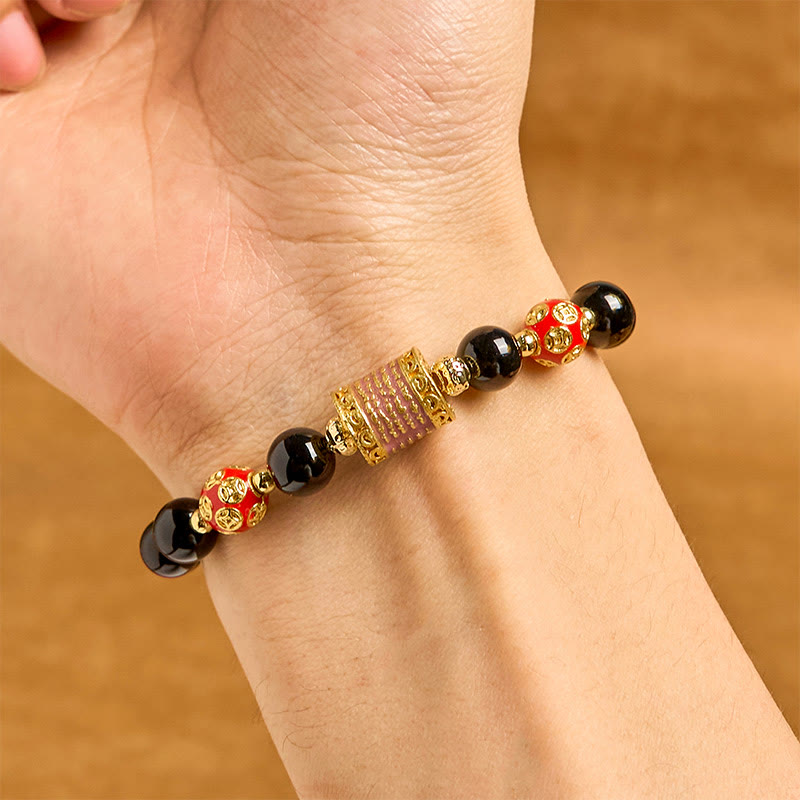 Wear FengShui Natural Black Onyx Five Scripture Copper Coins Fortune Bracelet
