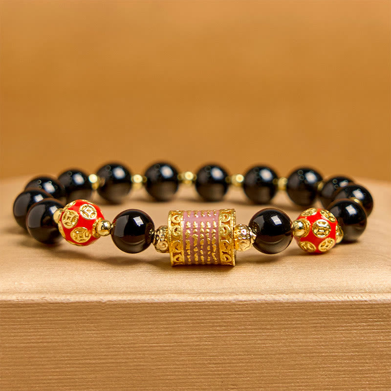 Wear FengShui Natural Black Onyx Five Scripture Copper Coins Fortune Bracelet