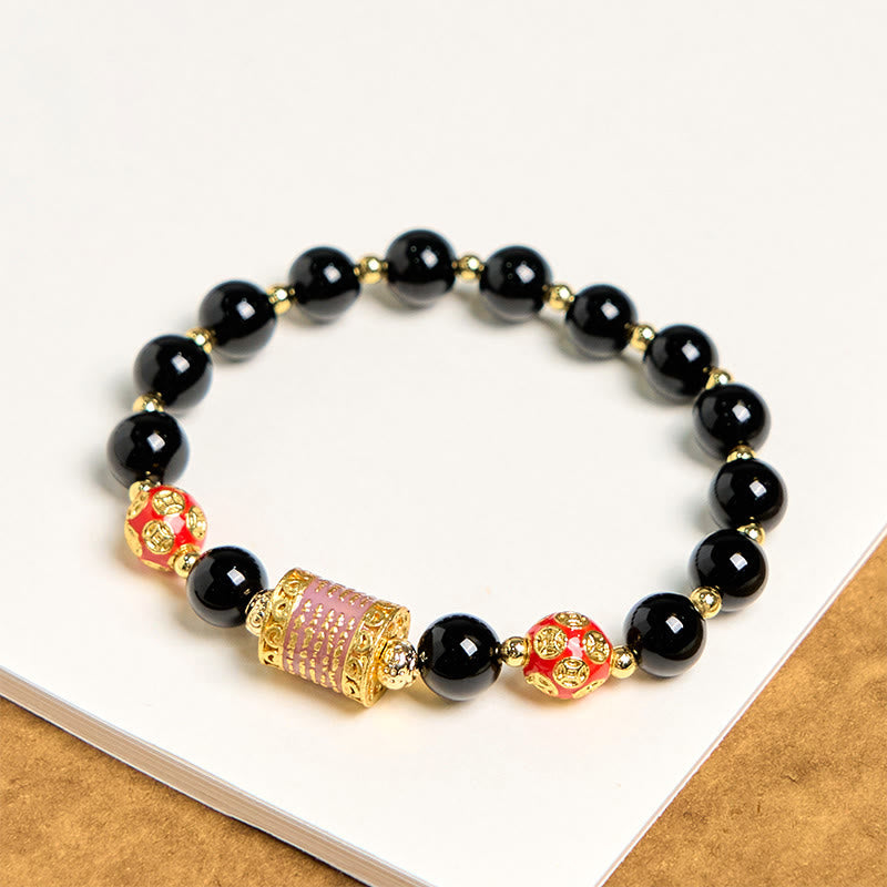 Wear FengShui Natural Black Onyx Five Scripture Copper Coins Fortune Bracelet