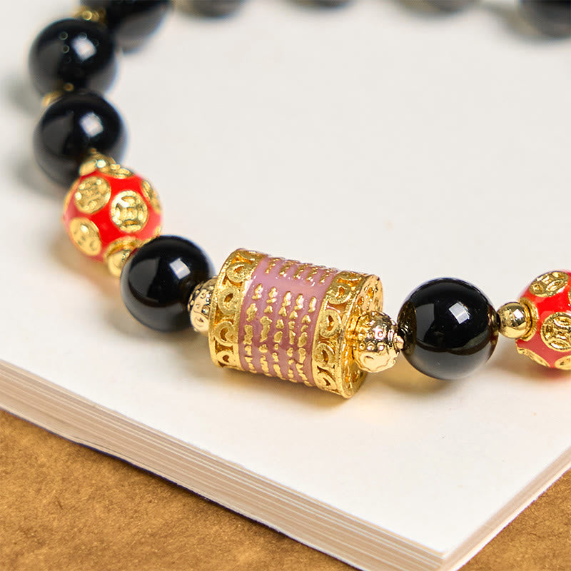 Wear FengShui Natural Black Onyx Five Scripture Copper Coins Fortune Bracelet