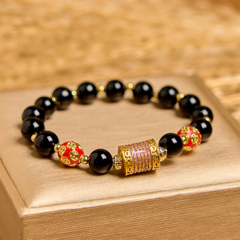 Wear FengShui Natural Black Onyx Five Scripture Copper Coins Fortune Bracelet
