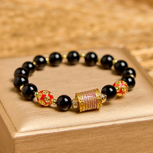 Wear FengShui Natural Black Onyx Five Scripture Copper Coins Fortune Bracelet