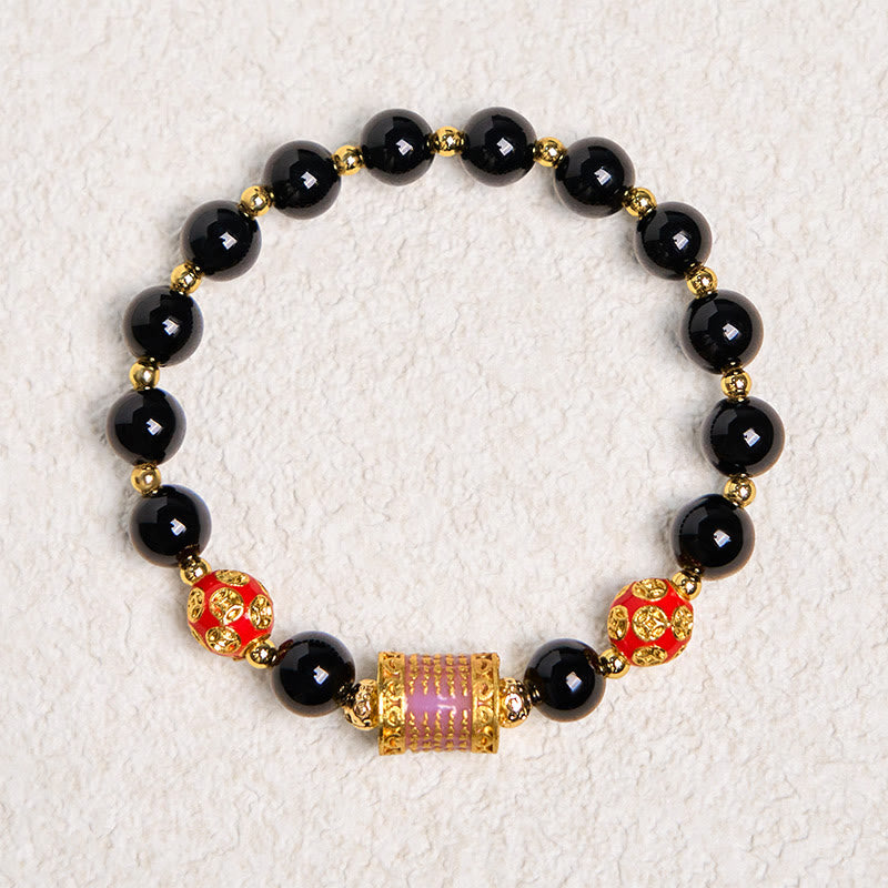 Wear FengShui Natural Black Onyx Five Scripture Copper Coins Fortune Bracelet