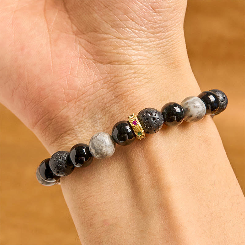 Wear FengShui Lava Rock Black Onyx Picasso Jasper Healing Bracelet