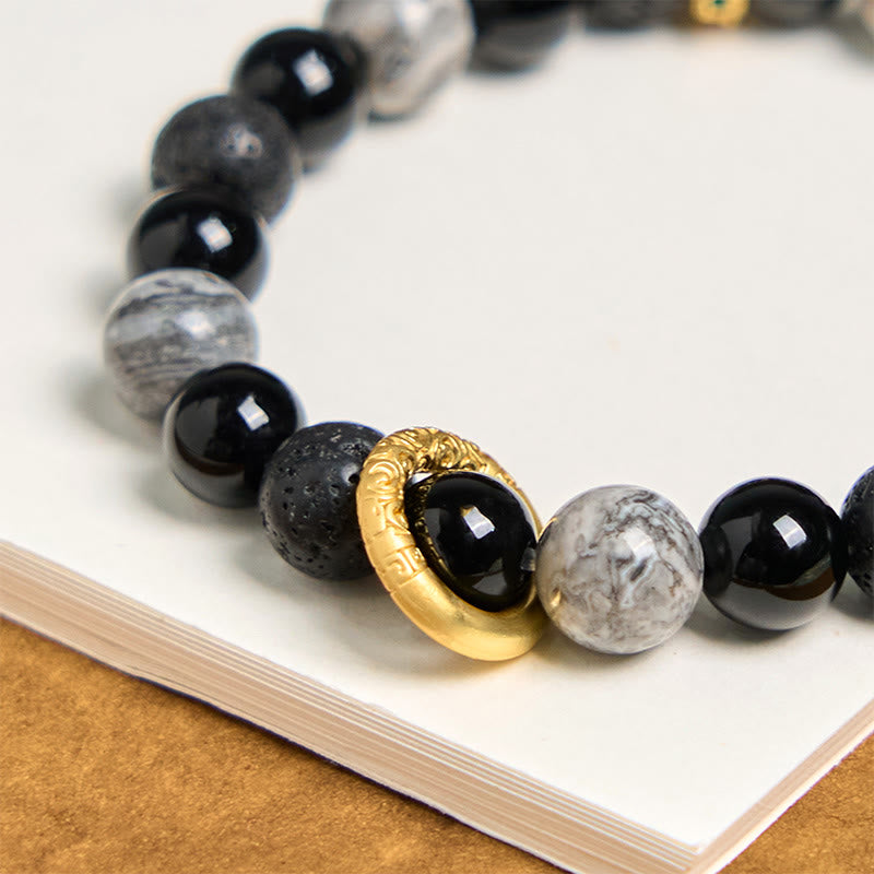 Wear FengShui Lava Rock Black Onyx Picasso Jasper Healing Bracelet