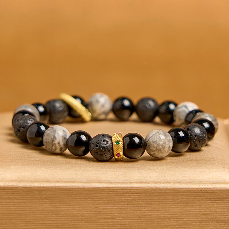 Wear FengShui Lava Rock Black Onyx Picasso Jasper Healing Bracelet