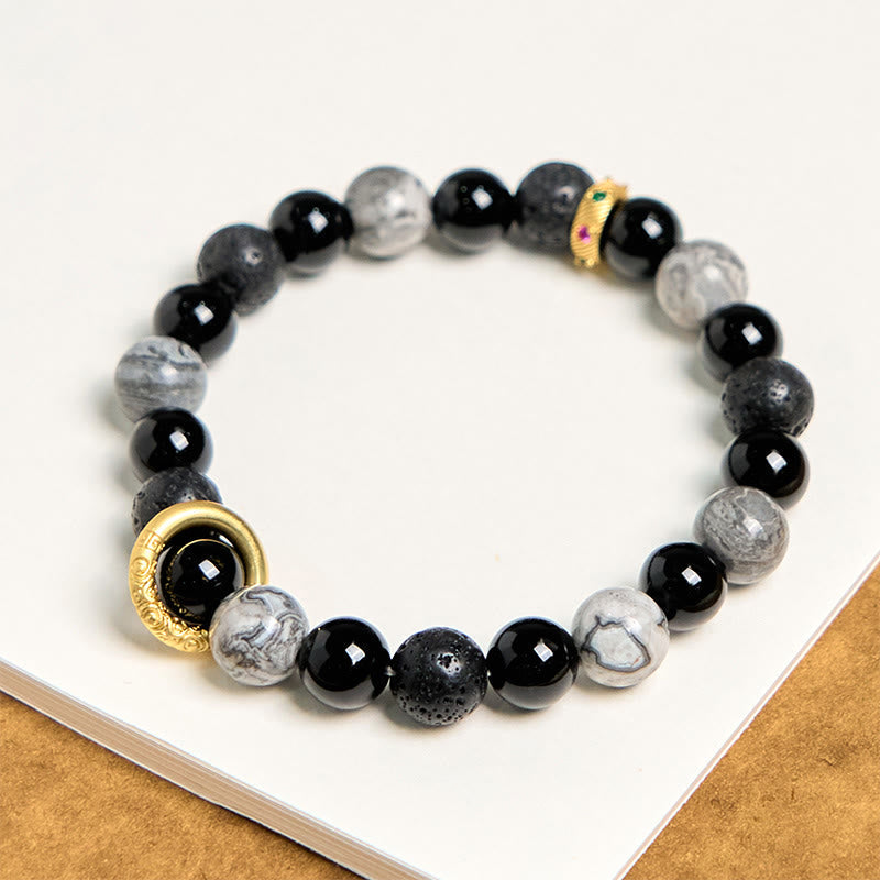 Wear FengShui Lava Rock Black Onyx Picasso Jasper Healing Bracelet