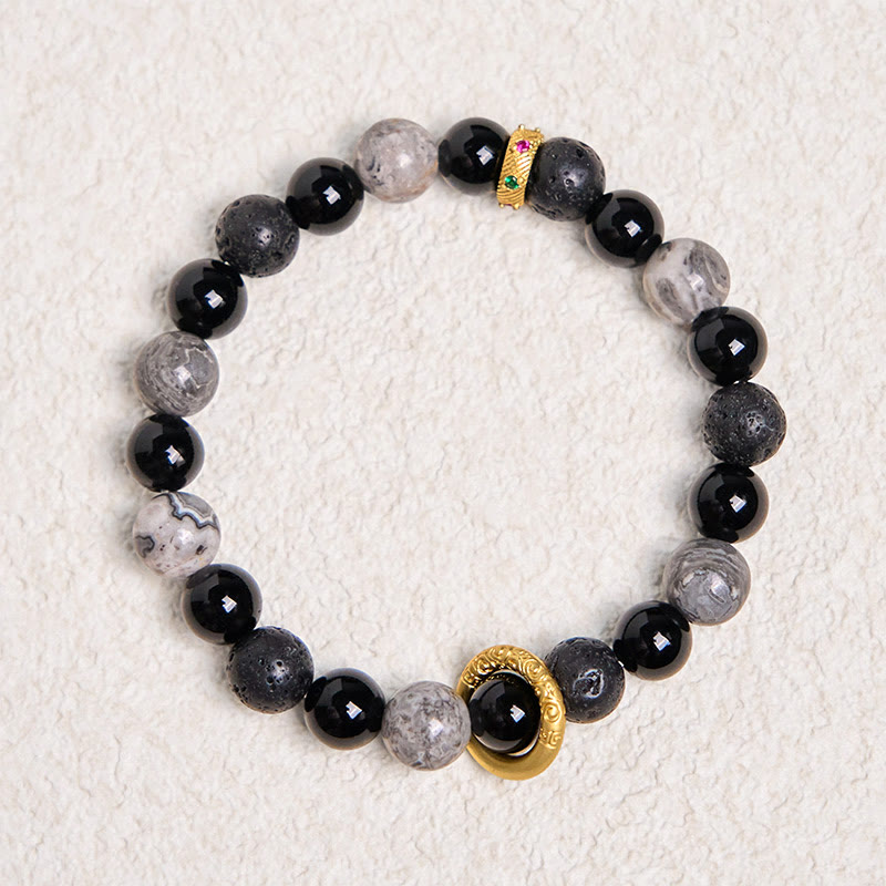 Wear FengShui Lava Rock Black Onyx Picasso Jasper Healing Bracelet