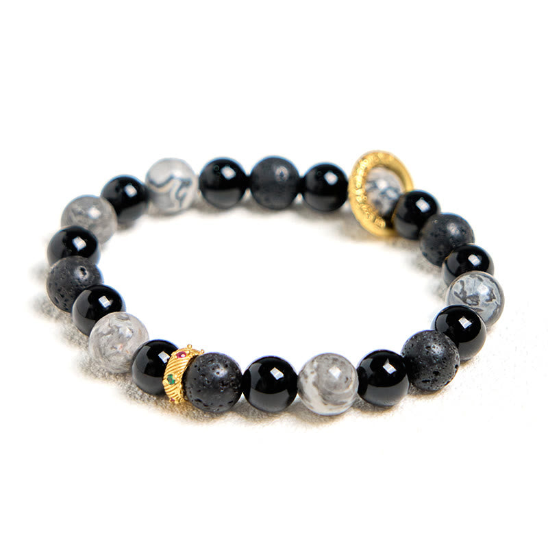 Wear FengShui Lava Rock Black Onyx Picasso Jasper Healing Bracelet