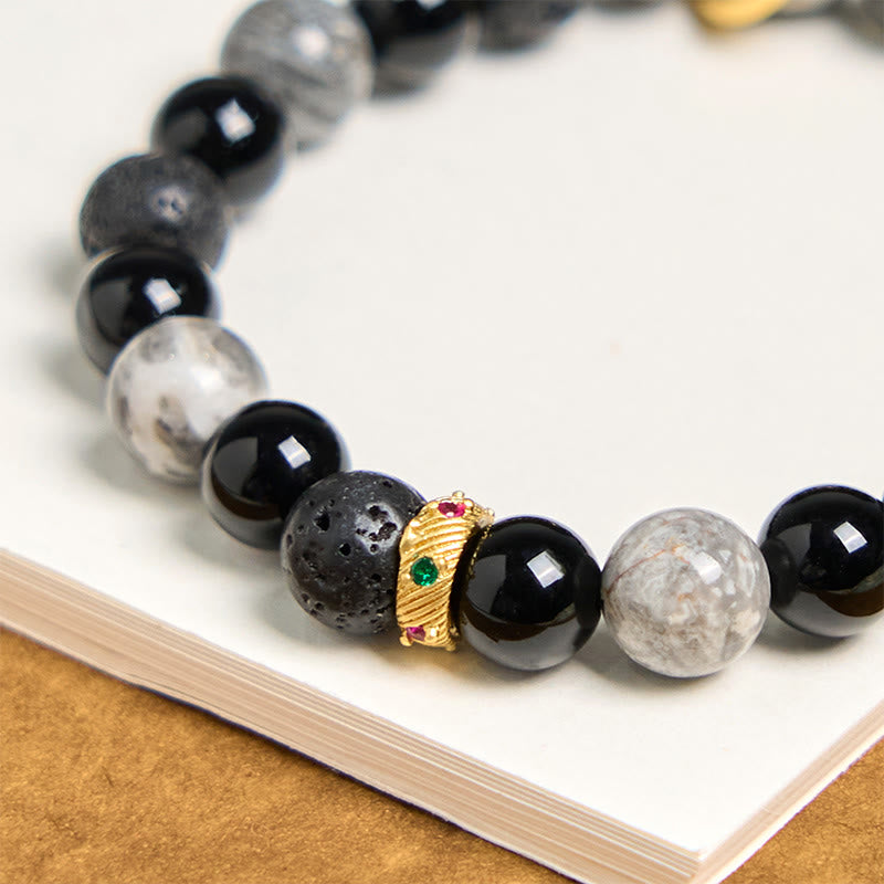 Wear FengShui Lava Rock Black Onyx Picasso Jasper Healing Bracelet