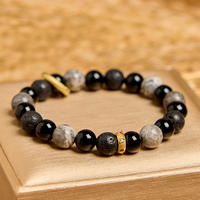 Wear FengShui Lava Rock Black Onyx Picasso Jasper Healing Bracelet