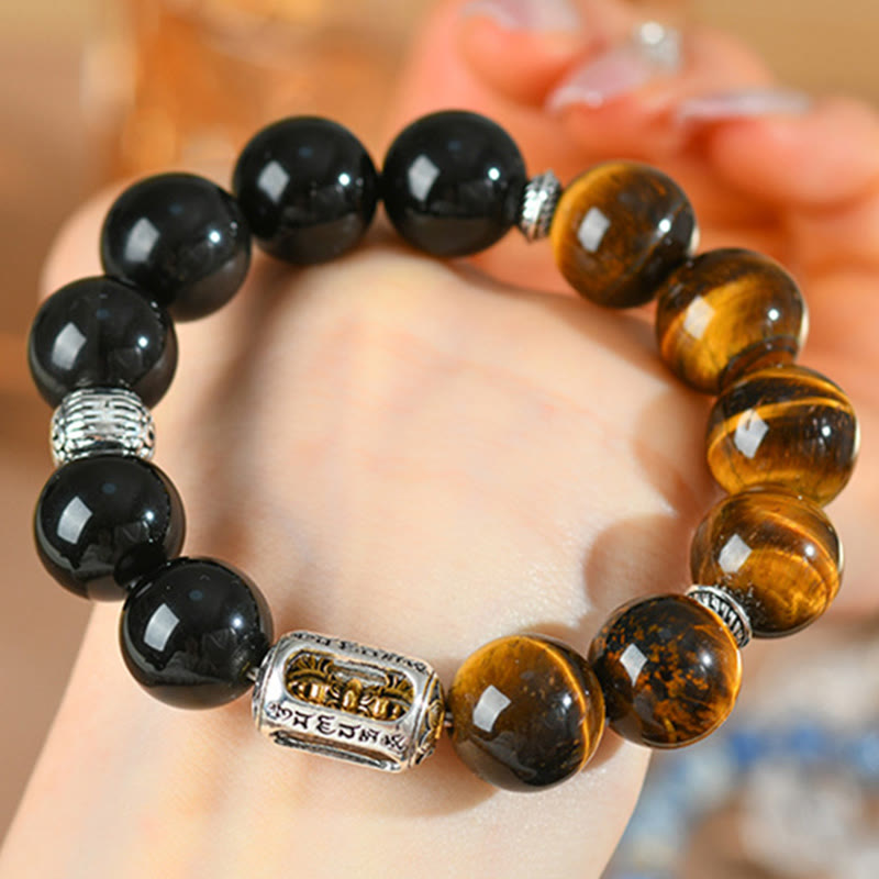Wear FengShui Natural Silver Sheen Obsidian Tiger Eye Vajra Protection Bracelet