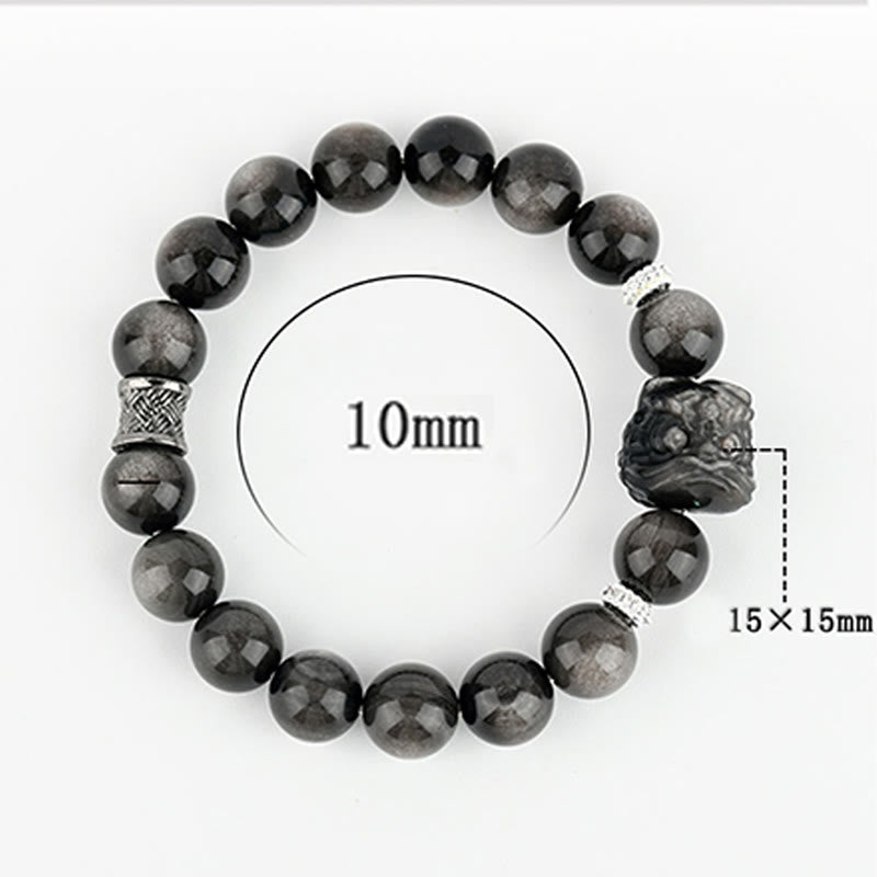 Wear FengShui Natural Silver Sheen Obsidian Lion Dance Protection Bracelet