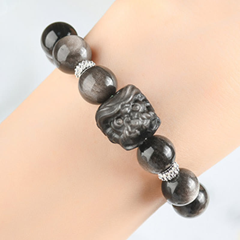Wear FengShui Natural Silver Sheen Obsidian Lion Dance Protection Bracelet