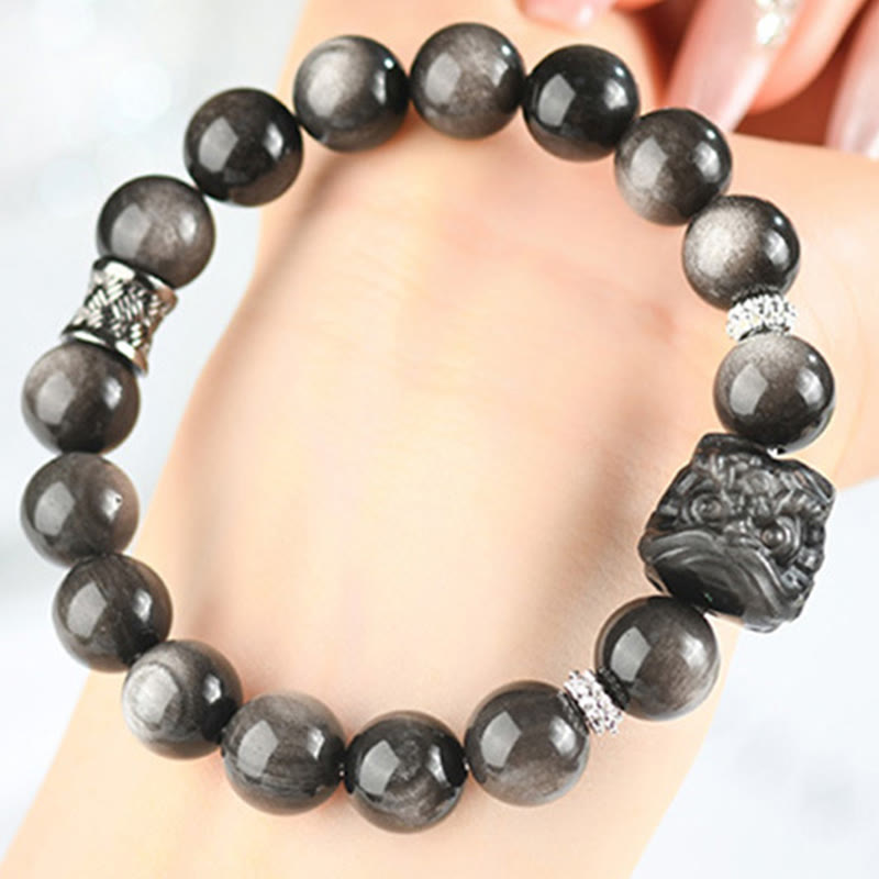 Wear FengShui Natural Silver Sheen Obsidian Lion Dance Protection Bracelet