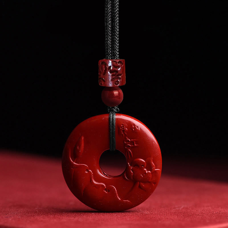 Wear FengShui Natural Cinnabar Lotus Peace Buckle Blessing Necklace String Pendant