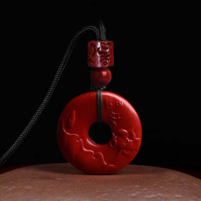 Wear FengShui Natural Cinnabar Lotus Peace Buckle Blessing Necklace String Pendant