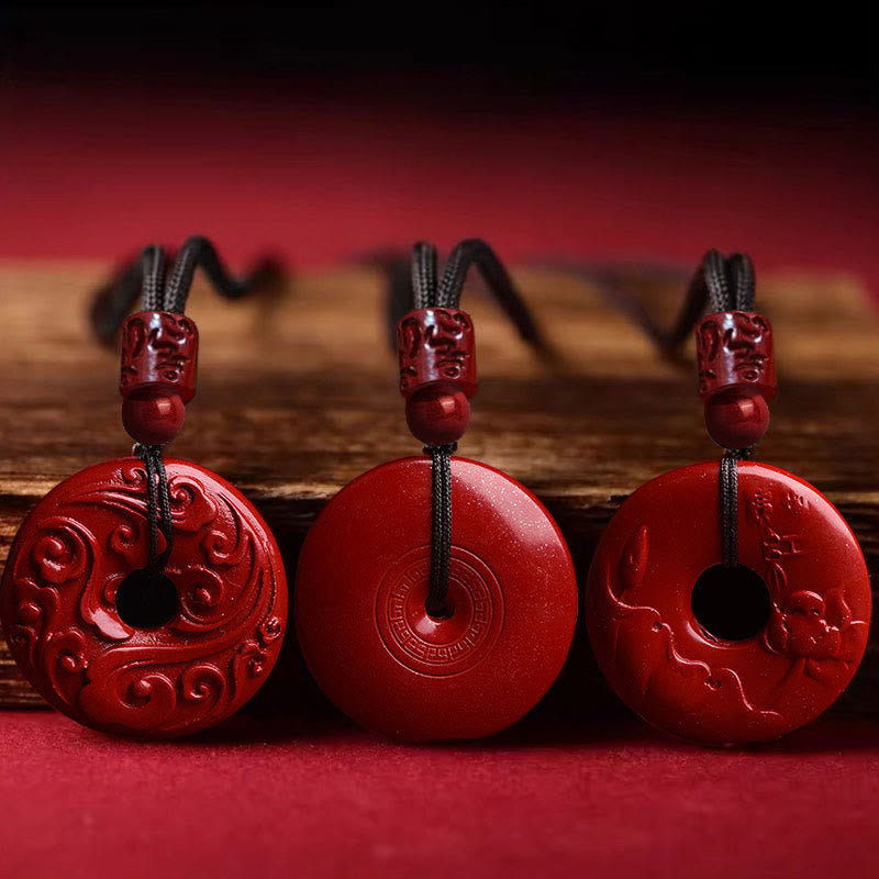 Wear FengShui Natural Cinnabar Lotus Peace Buckle Blessing Necklace String Pendant