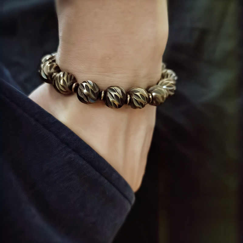 Wear FengShui Vintage Distressed Knife Carving Pattern Copper Brass Beads Wealth Bracelet