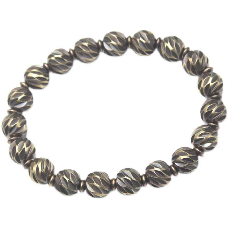 Wear FengShui Vintage Distressed Knife Carving Pattern Copper Brass Beads Wealth Bracelet