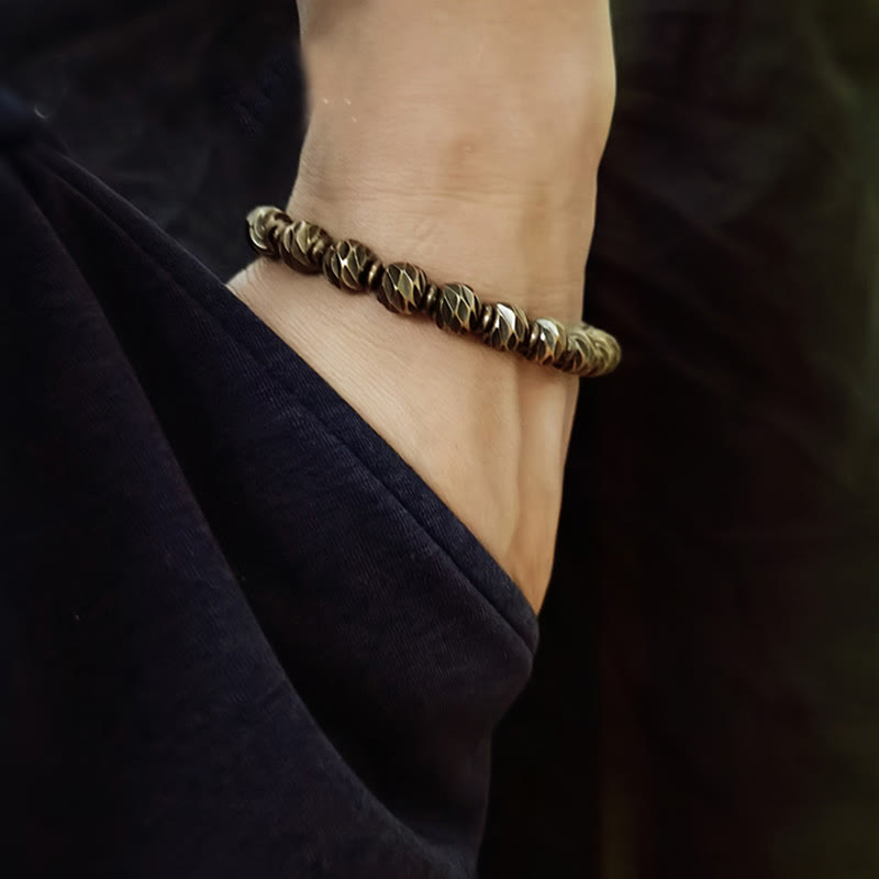 Wear FengShui Vintage Distressed Knife Carving Pattern Copper Brass Beads Wealth Bracelet