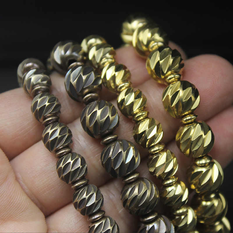 Wear FengShui Vintage Distressed Knife Carving Pattern Copper Brass Beads Wealth Bracelet