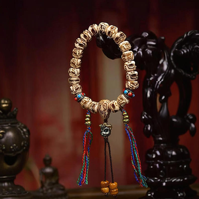 Wear FengShui Tibetan Camel Bone Garuda Carved Protection Tassel Bracelet