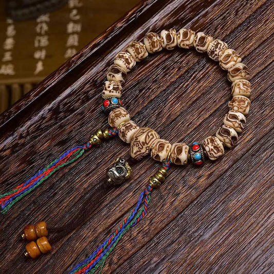 Wear FengShui Tibetan Camel Bone Garuda Carved Protection Tassel Bracelet