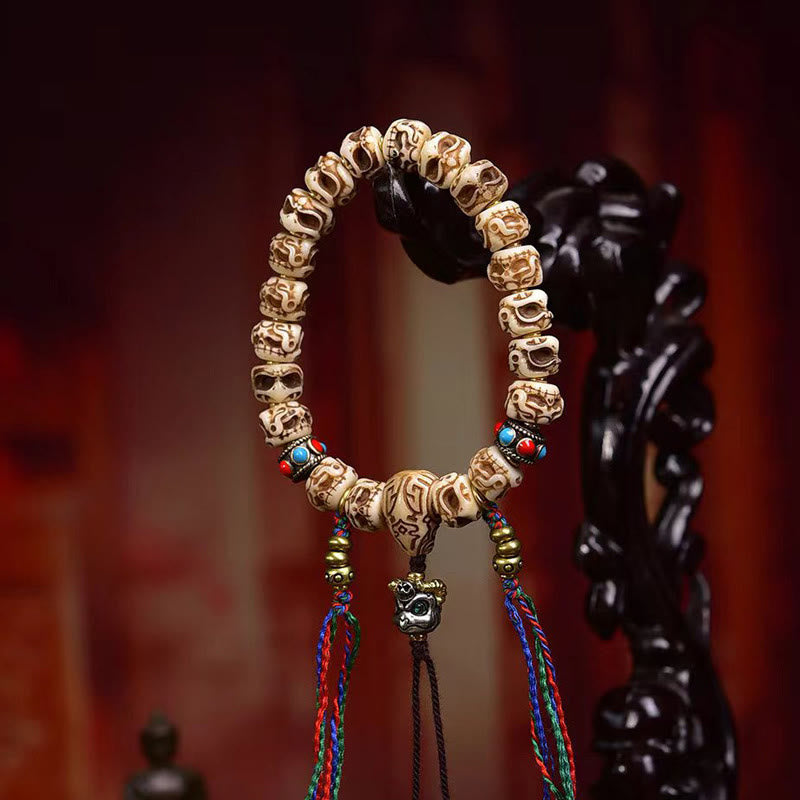 Wear FengShui Tibetan Camel Bone Garuda Carved Protection Tassel Bracelet