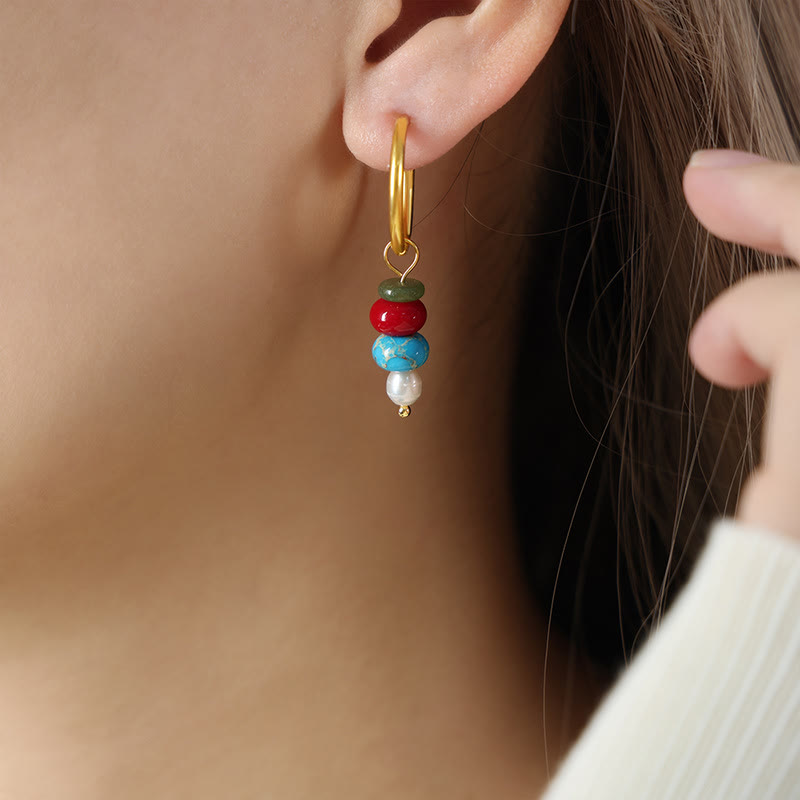 Wear FengShui Tibetan Marnyi Stone Design Natural Red Agate Pearl Confidence Titanium Steel Earrings