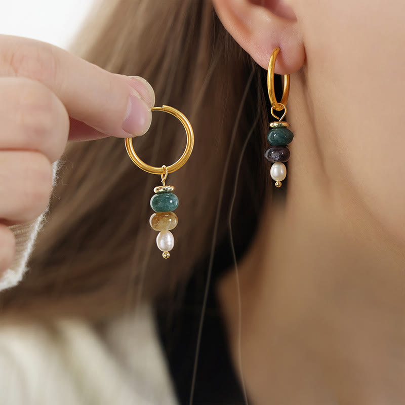 Wear FengShui Tibetan Marnyi Stone Design Natural Red Agate Pearl Confidence Titanium Steel Earrings