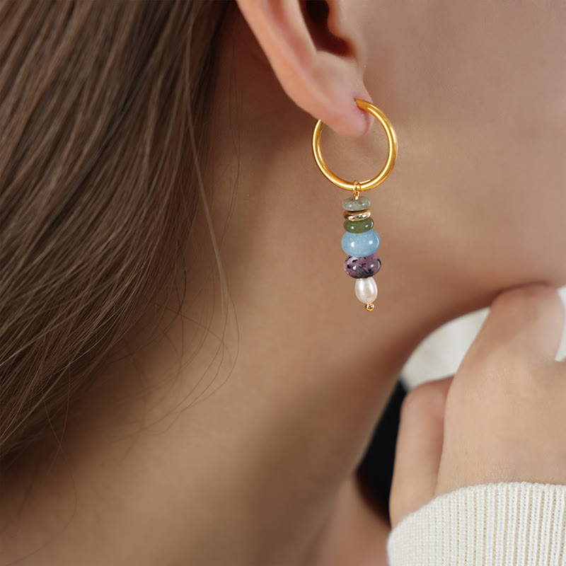 Wear FengShui Tibetan Marnyi Stone Design Natural Red Agate Pearl Confidence Titanium Steel Earrings