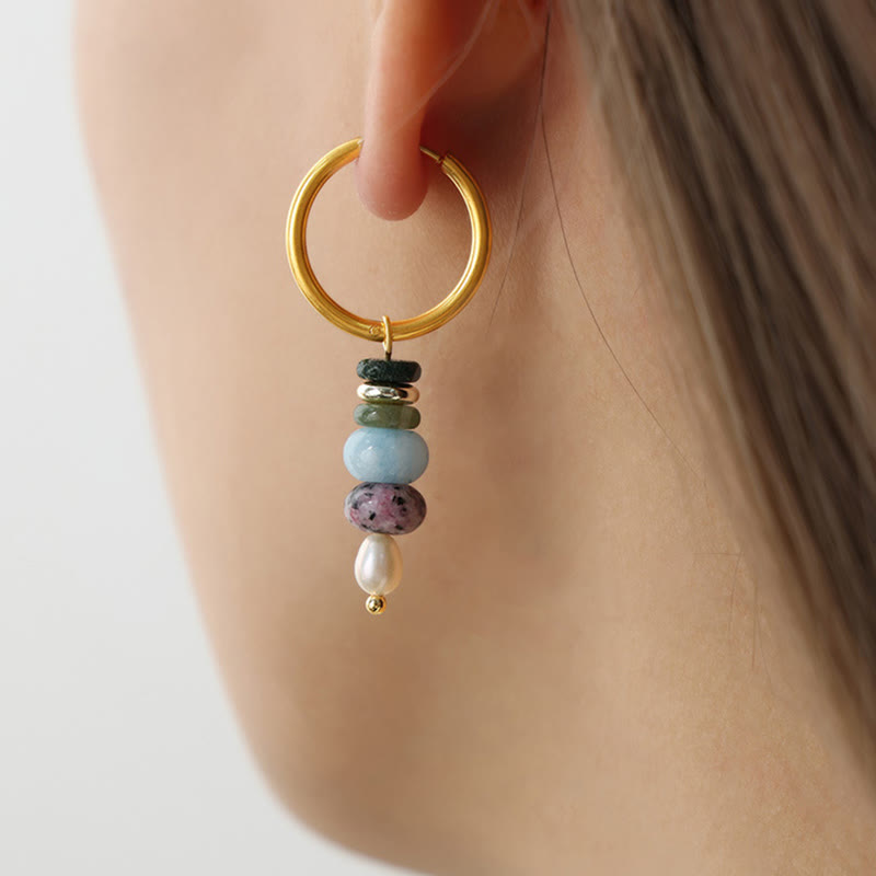 Wear FengShui Tibetan Marnyi Stone Design Natural Red Agate Pearl Confidence Titanium Steel Earrings