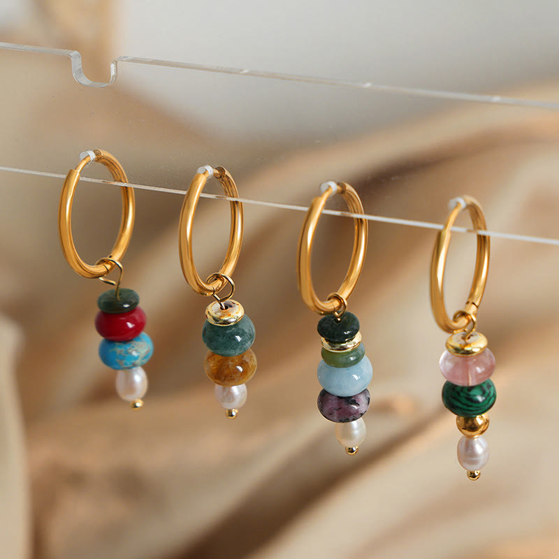 Wear FengShui Tibetan Marnyi Stone Design Natural Red Agate Pearl Confidence Titanium Steel Earrings