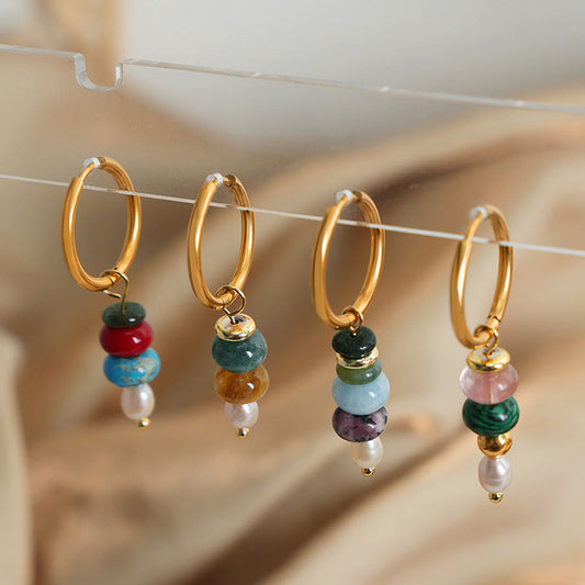 Wear FengShui Tibetan Marnyi Stone Design Natural Red Agate Pearl Confidence Titanium Steel Earrings