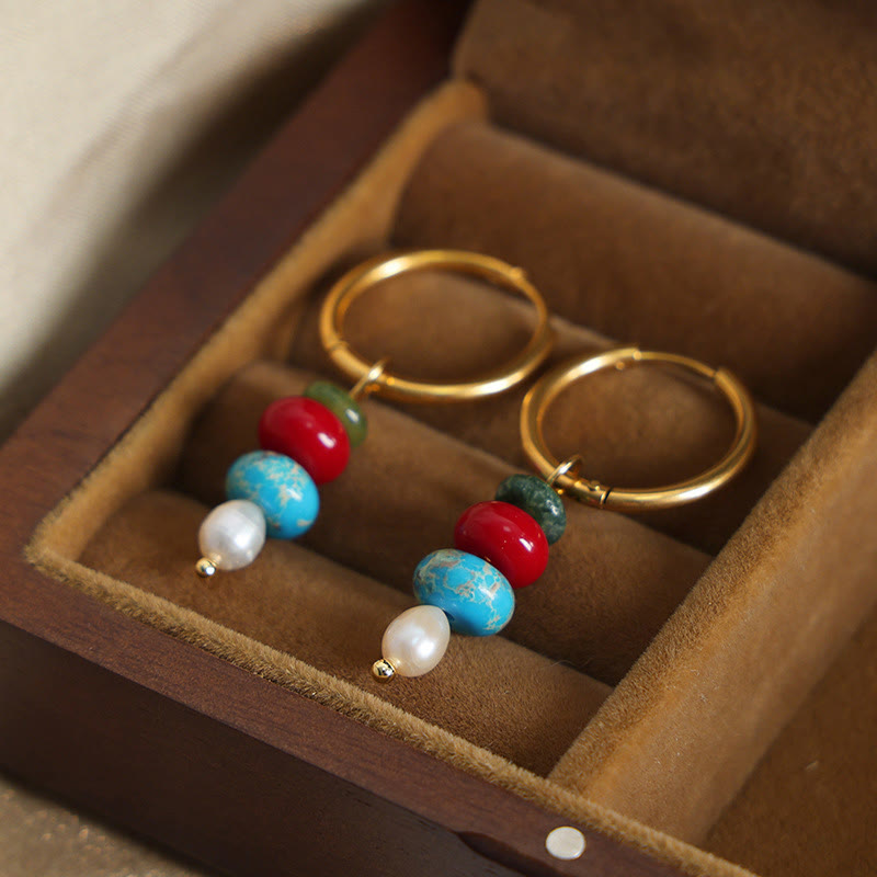 Wear FengShui Tibetan Marnyi Stone Design Natural Red Agate Pearl Confidence Titanium Steel Earrings