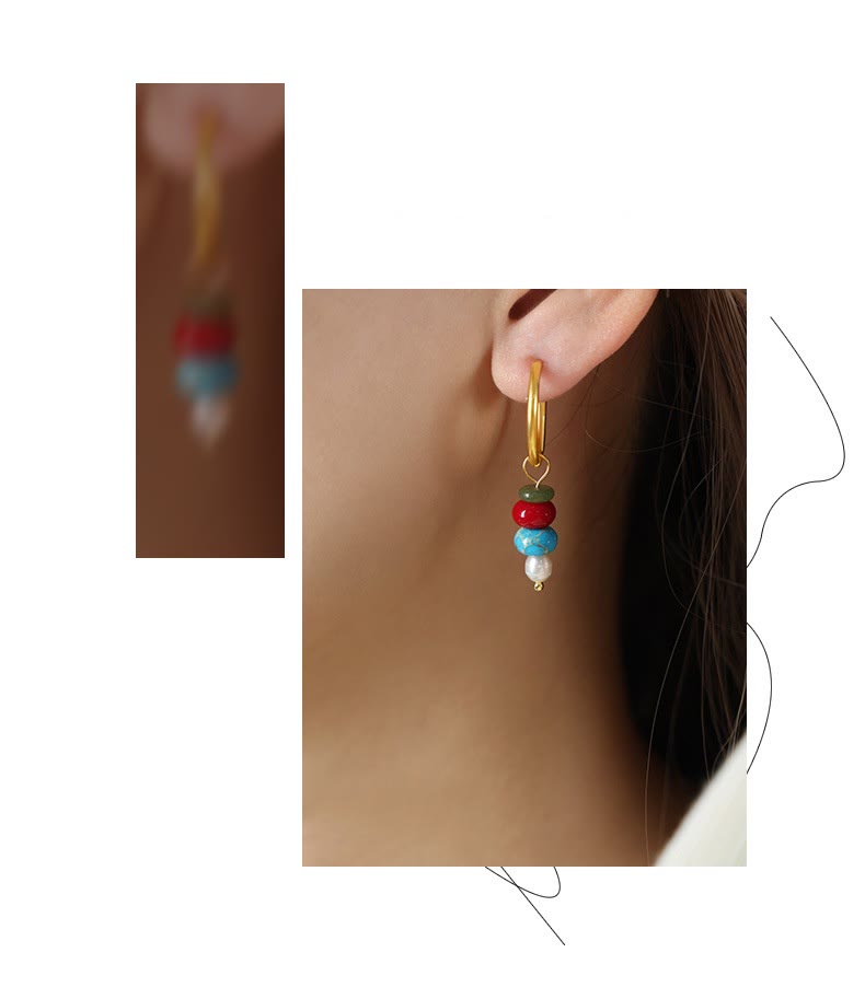 Wear FengShui Tibetan Marnyi Stone Design Natural Red Agate Pearl Confidence Titanium Steel Earrings
