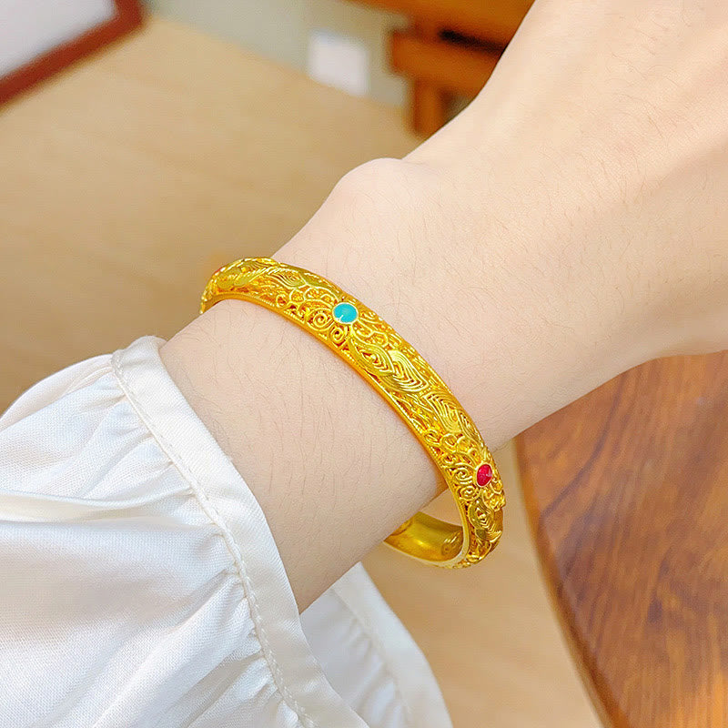 Wear FengShui Copper Plated Gold Flowers Leaves Luck Bracelet Bangle