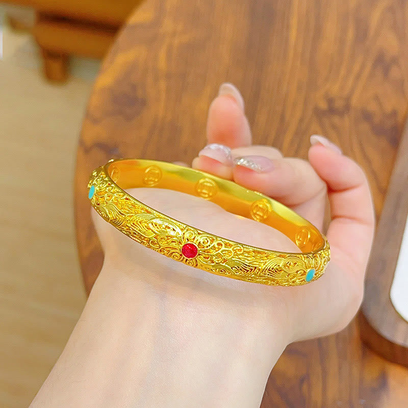 Wear FengShui Copper Plated Gold Flowers Leaves Luck Bracelet Bangle