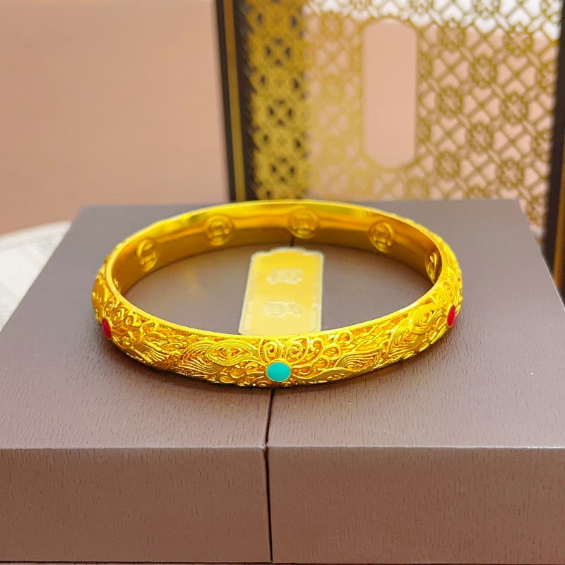 Wear FengShui Copper Plated Gold Flowers Leaves Luck Bracelet Bangle
