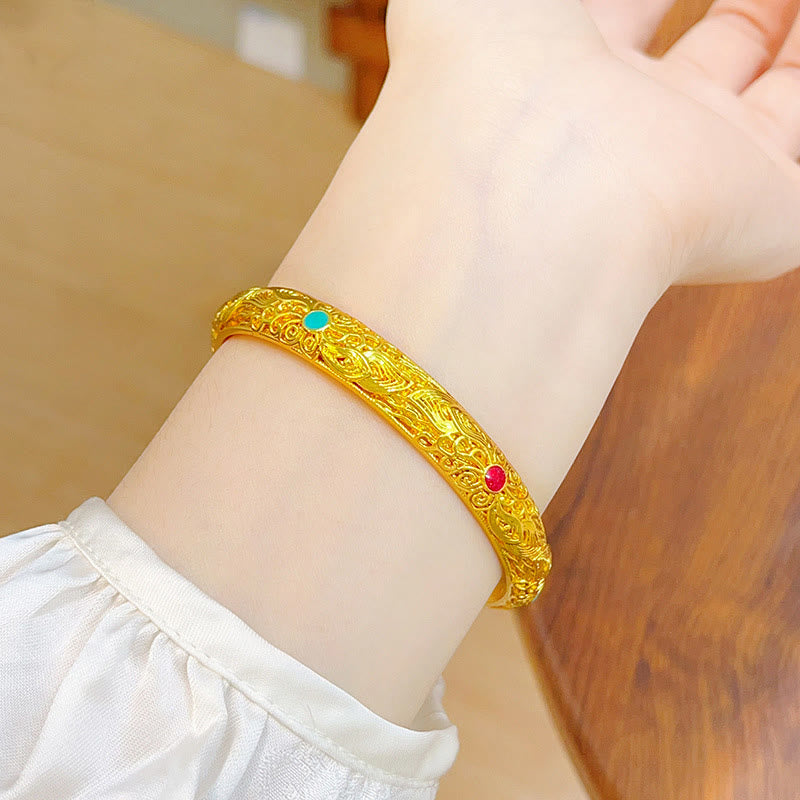 Wear FengShui Copper Plated Gold Flowers Leaves Luck Bracelet Bangle