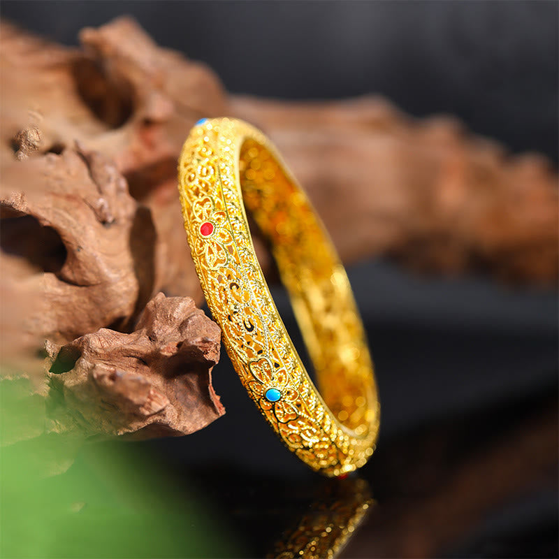Wear FengShui Copper Plated Gold Flowers Vine Pattern Luck Bracelet Bangle 2.44 IN (62 MM)