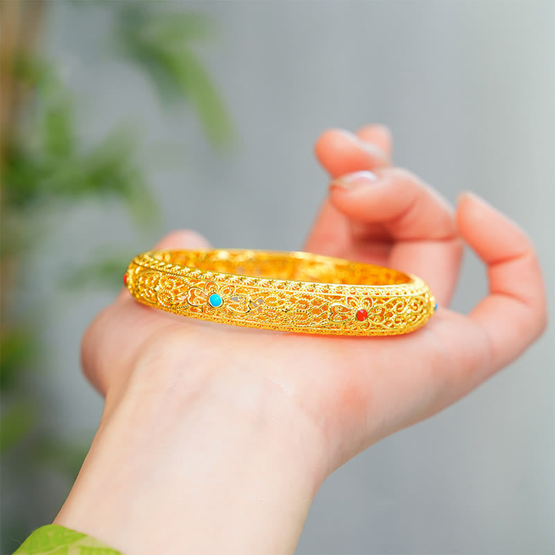 Wear FengShui Copper Plated Gold Flowers Vine Pattern Luck Bracelet Bangle 2.44 IN (62 MM)