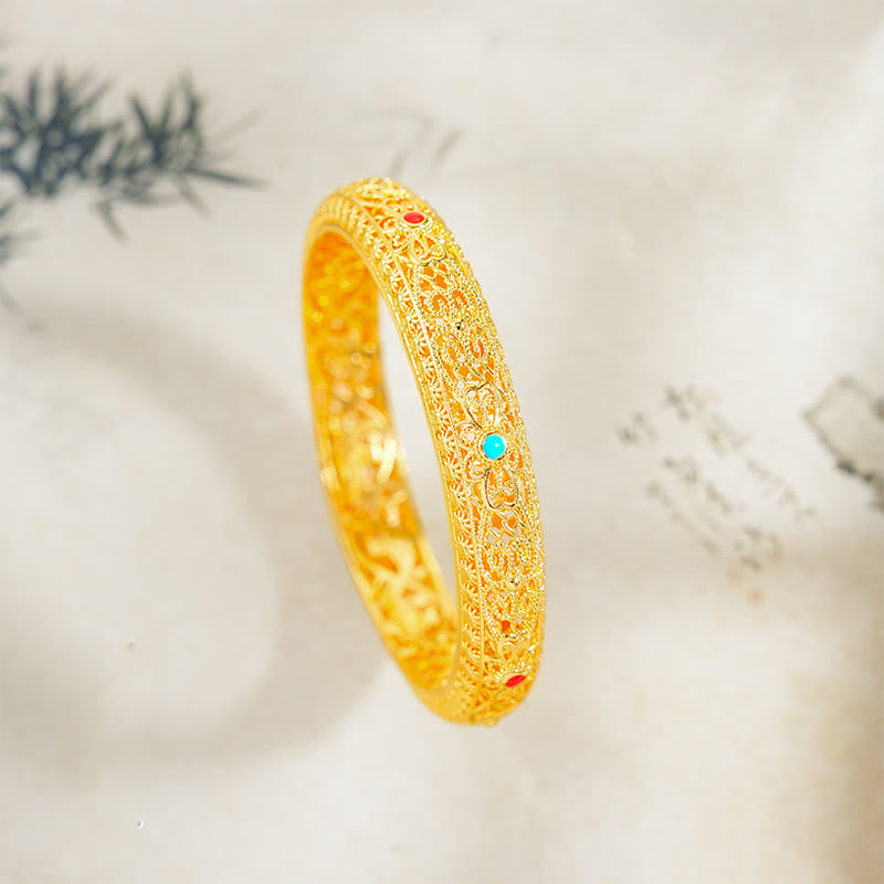Wear FengShui Copper Plated Gold Flowers Vine Pattern Luck Bracelet Bangle 2.44 IN (62 MM)