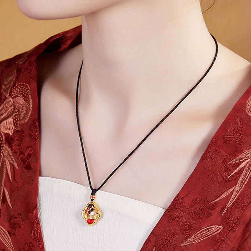 Wear FengShui 925 Sterling Silver Plum Blossom Cat Four Leaf Clover Blessing Necklace Pendant