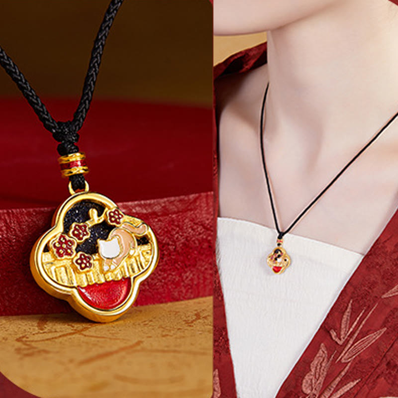 Wear FengShui 925 Sterling Silver Plum Blossom Cat Four Leaf Clover Blessing Necklace Pendant